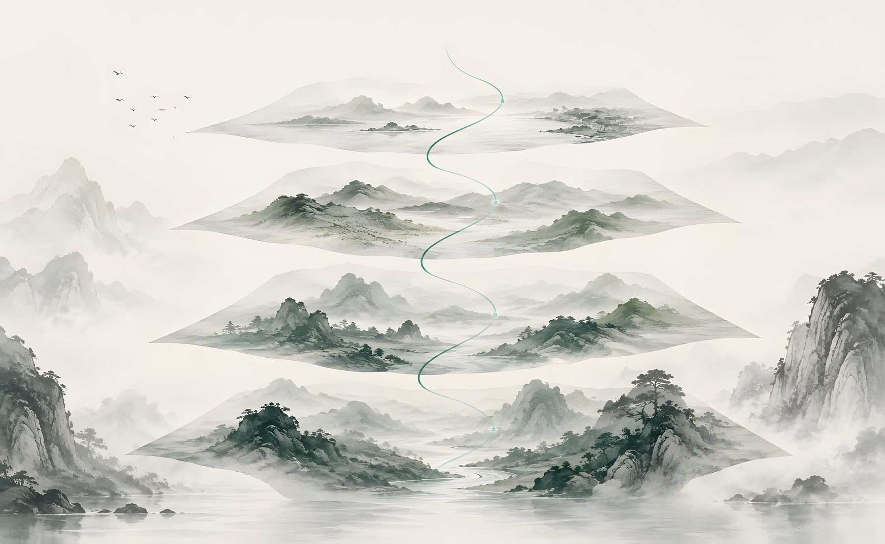 知识栈意象：东方水墨山峦